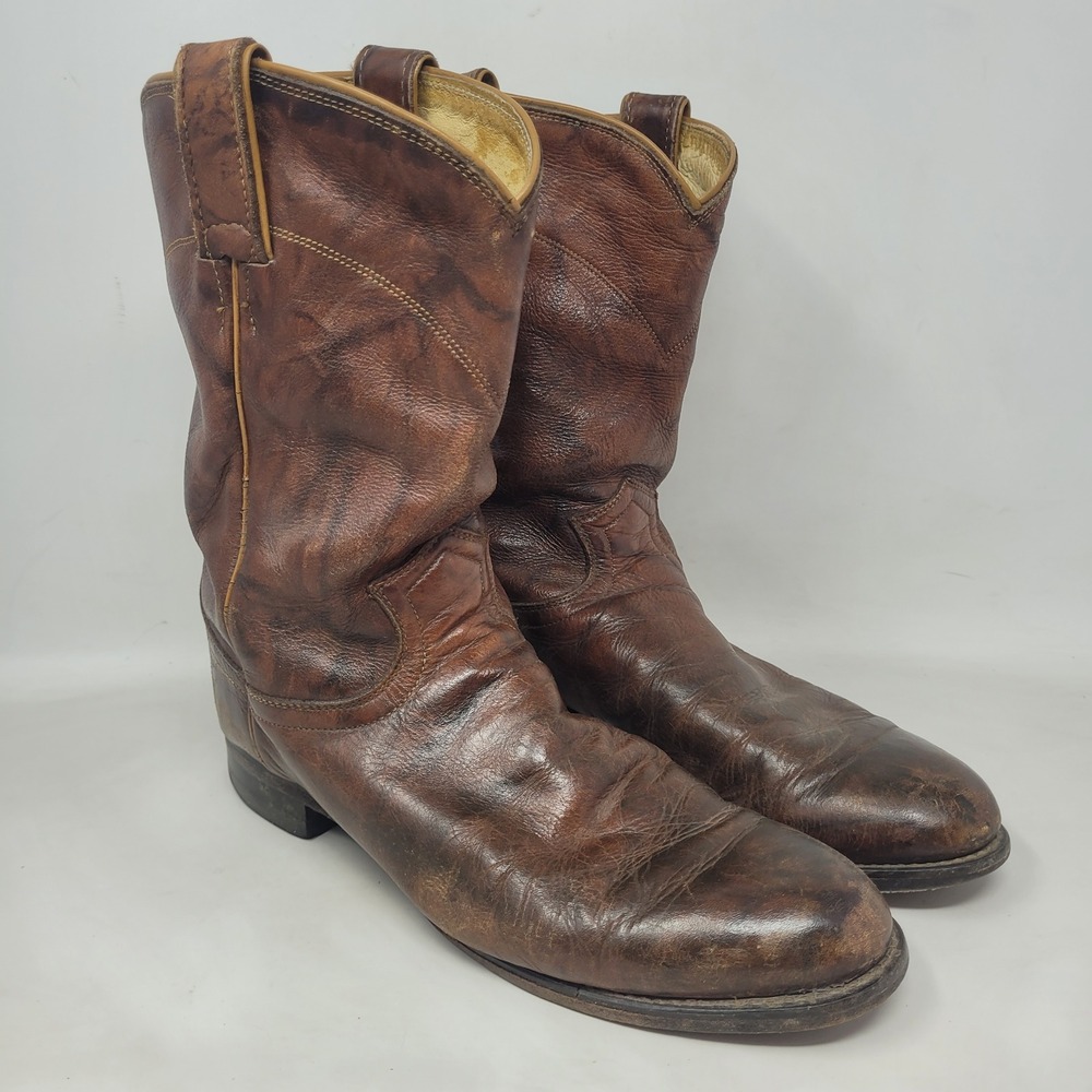 Justin Boots 8.5D Brown Leather Deerskin Marbled Western Cowboy Roper 3163 Rodeo